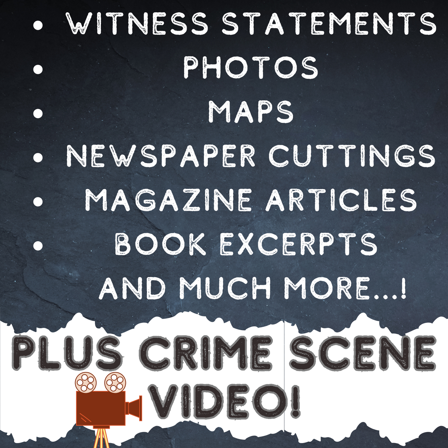List of items included in the printable detective crime game for date night, featuring clues and mystery-solving materials