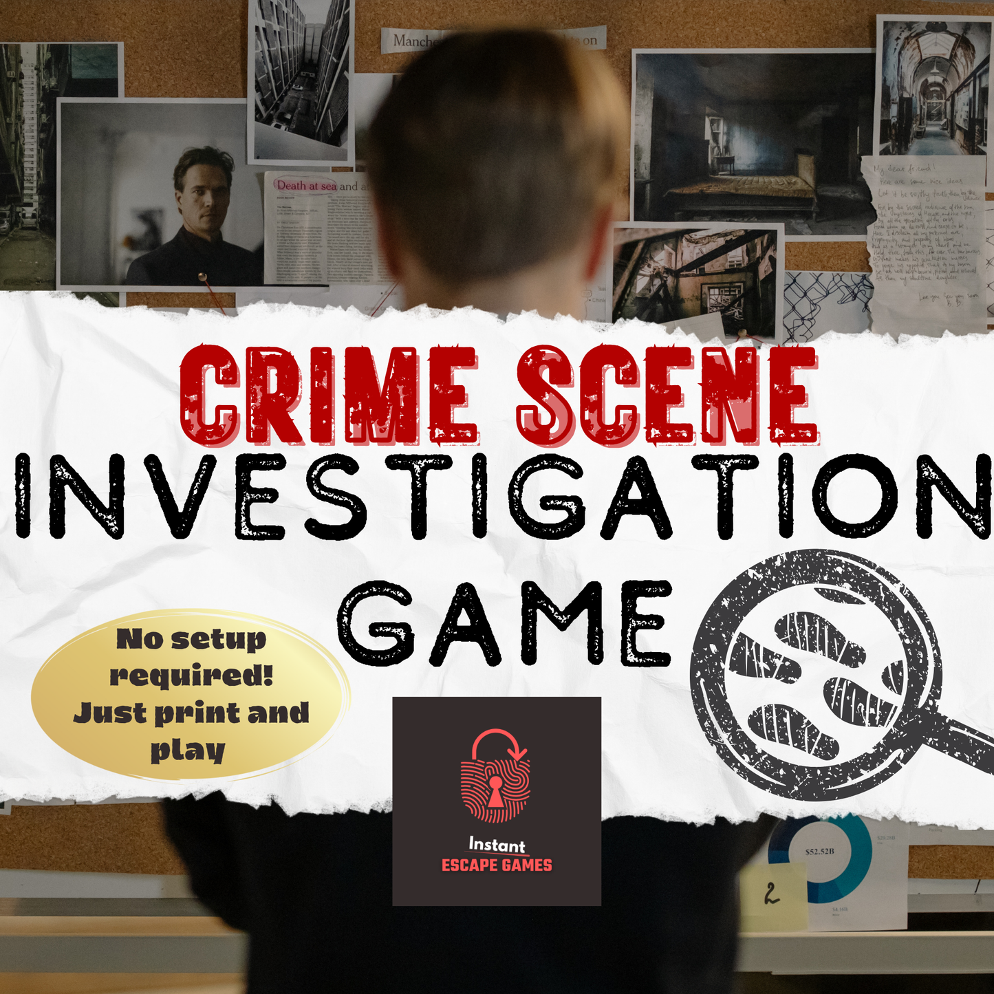 Printable crime scene investigation detective crime game for date night, featuring clues and mystery-solving materials - no setup required. By Instant Escape Games