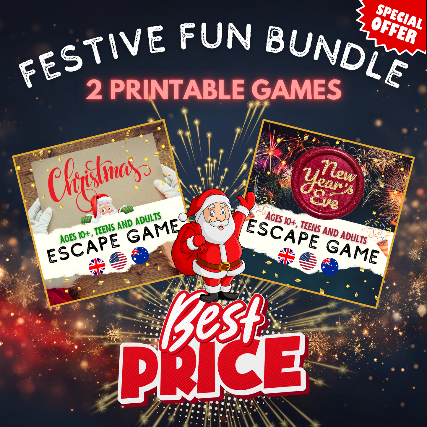 Holiday Game Pack – Printable Christmas and New Year’s Escape Games Bundle, two festive games for family and friends at a special discounted price