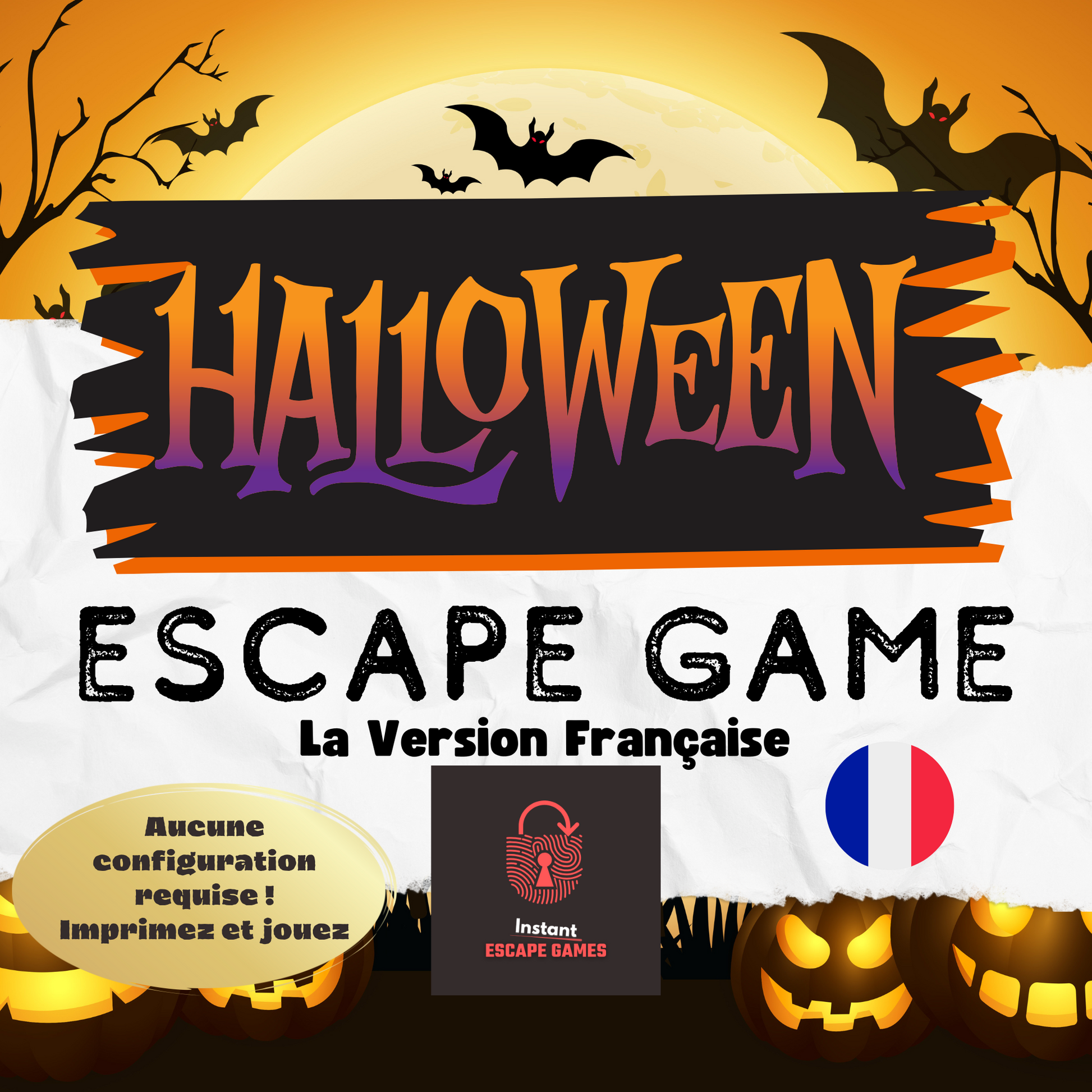 Photo de l'escape game d'horreur montrant des moments terrifiants et des énigmes à résoudre et le logo d'Instant Escape Games