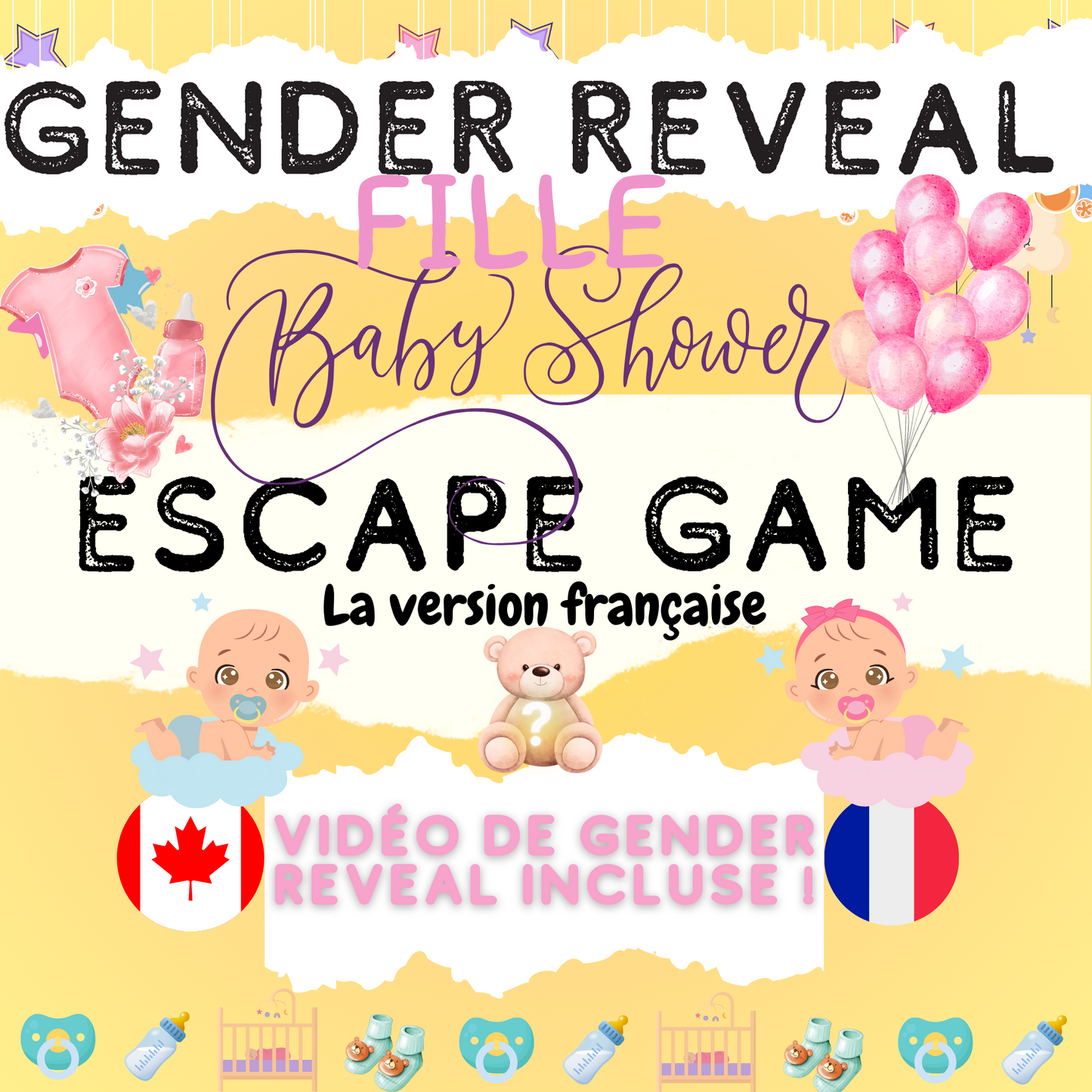 Jeu de gender reveal fille à imprimer, parfait pour des jeux à faire en famille lors de la révélation du sexe