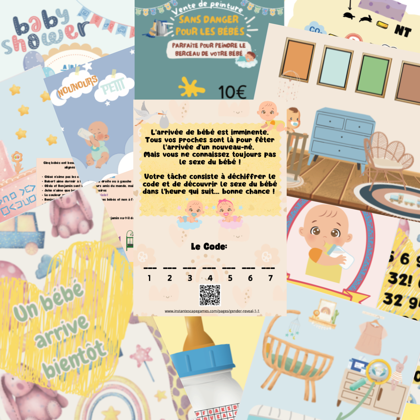 Jeu de gender reveal du bébé disposé sur une table. Téléchargeable et imprimable à la maison, parfait pour baby shower ou fête familiale.