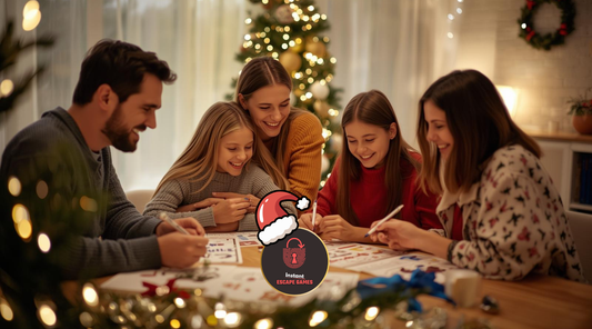 Famille jouant à des escape games de Noël et du Nouvel An à imprimer autour d’une table festive avec puzzles et décorations.