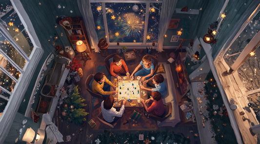 Jeu Nouvel An à imprimer posé sur une table festive avec confettis et décorations de réveillon — activité réveillon famille.