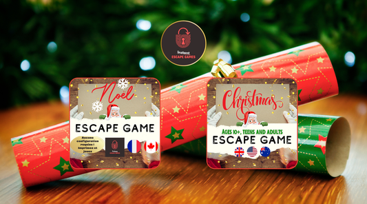 Couverture du jeu « Escape Game de Noël à imprimer » par Instant Escape Games, avec décor de Noël festif et logo officiel.