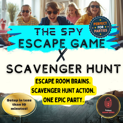 A group of kids having an epic birthday party playing the Spy Escape Game and Scavenger Hunt. The graphic highlights a 10-minute setup, combining escape room brains with scavenger hunt action.