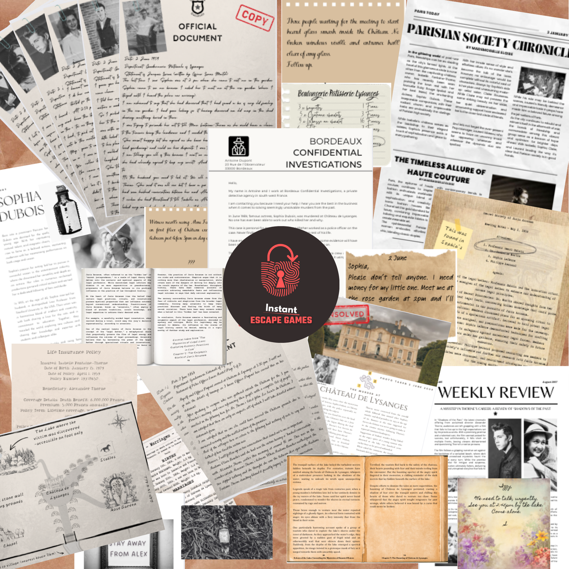 Setting up the detective crime-solving game for adults, ideal for a date night or escape room for couples