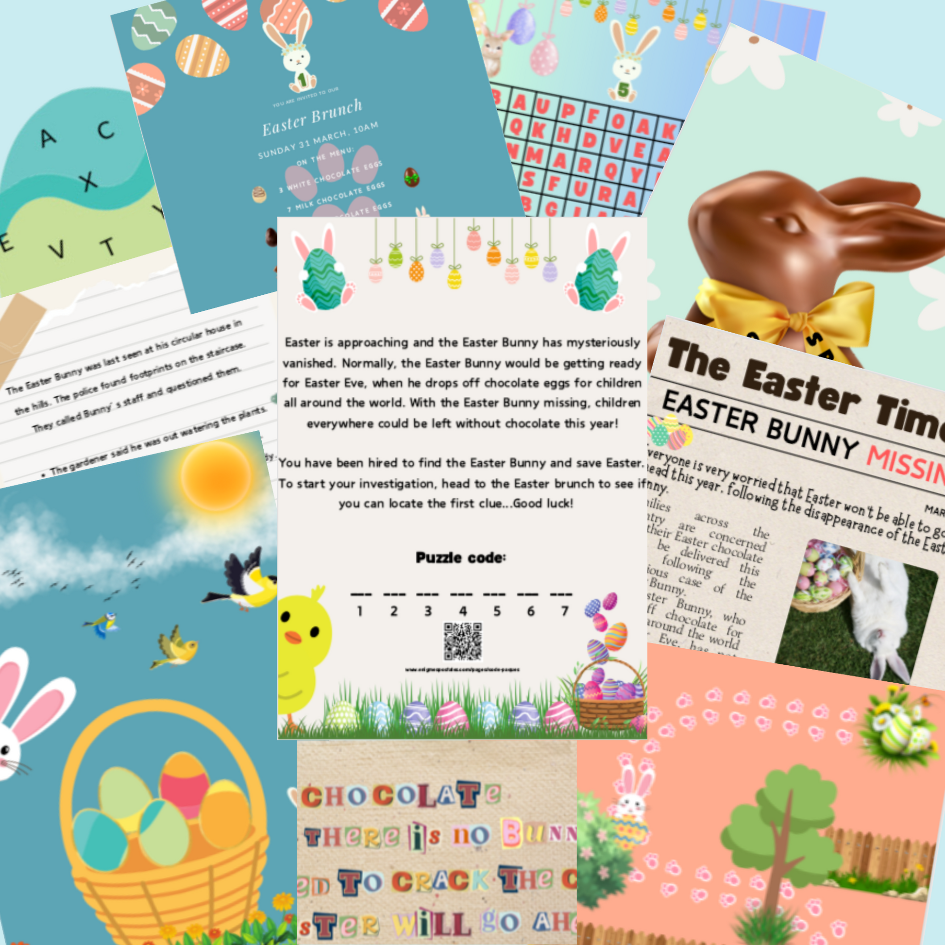 Setting up the Easter mystery game for fun Easter activities, with puzzles and clues for everyone to enjoy
