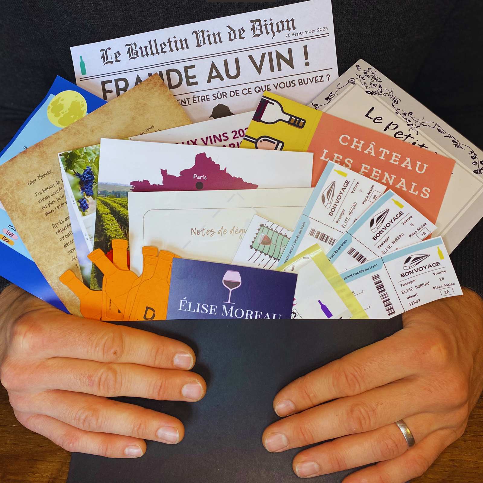 Installation du jeu de mystère pour couples autour du vin, escape game personnalisé sur le thème du vin