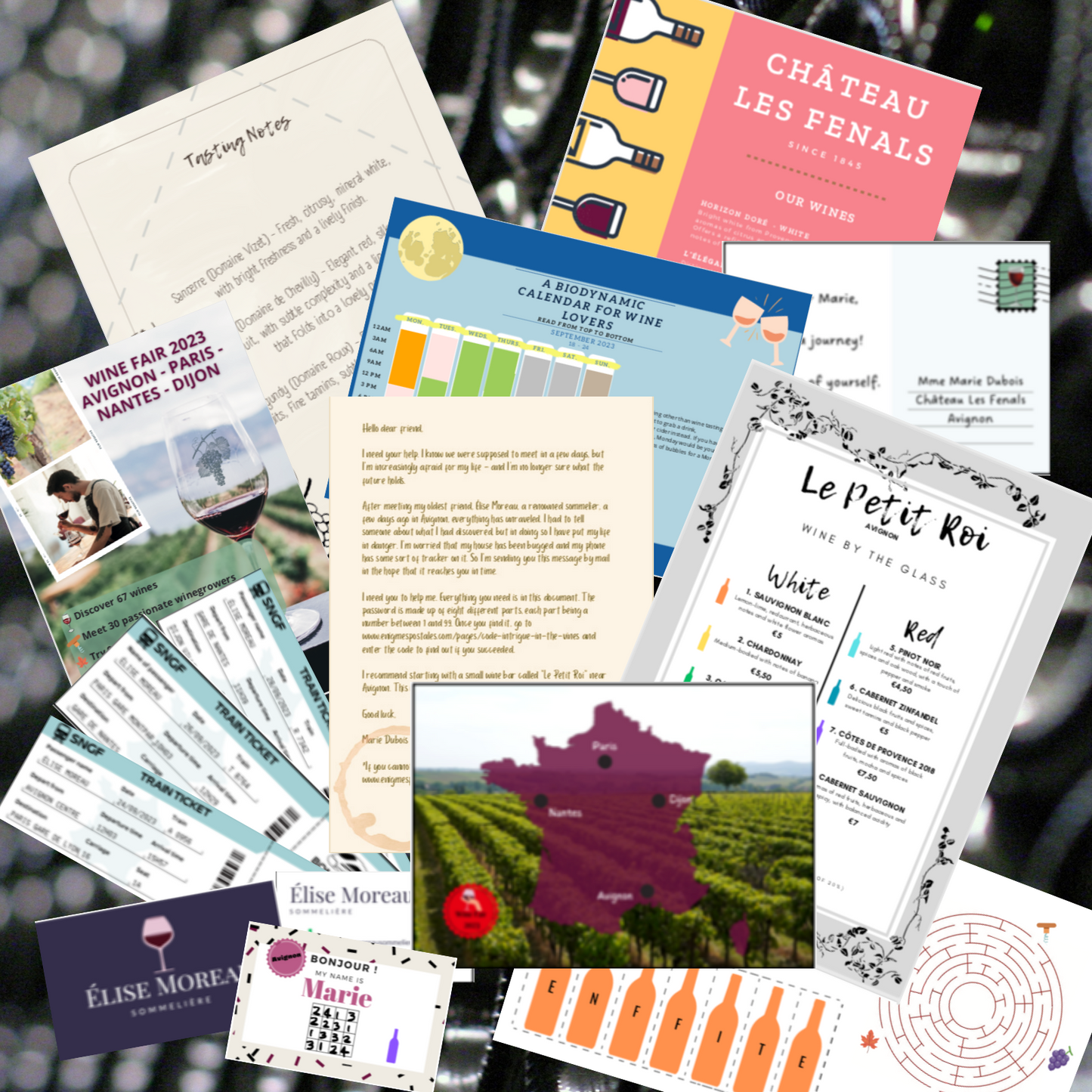 Setting up the wine tasting mystery game, a couples wine mystery game with puzzles and clues to uncover