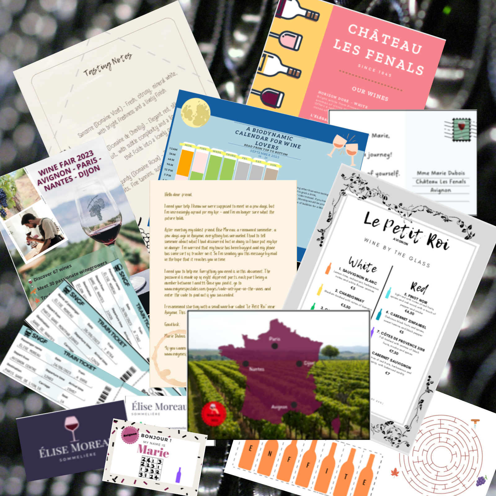 Setting up the wine tasting mystery game, a couples wine mystery game with puzzles and clues to uncover