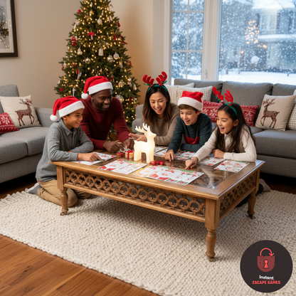 Family gathered around the table solving a printable Christmas escape game.