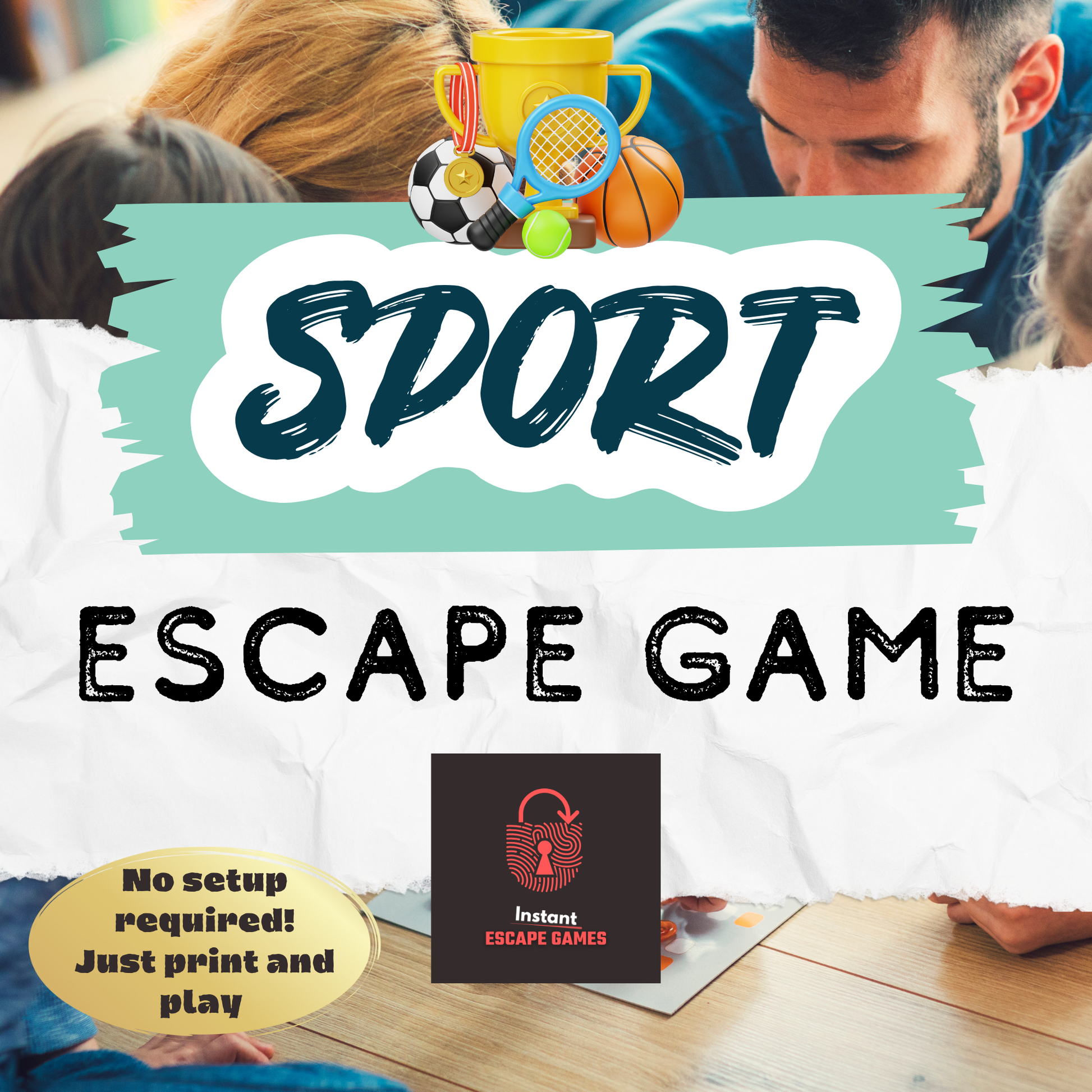 Sports-themed escape room for family team activities in progress with fun challenges and puzzles