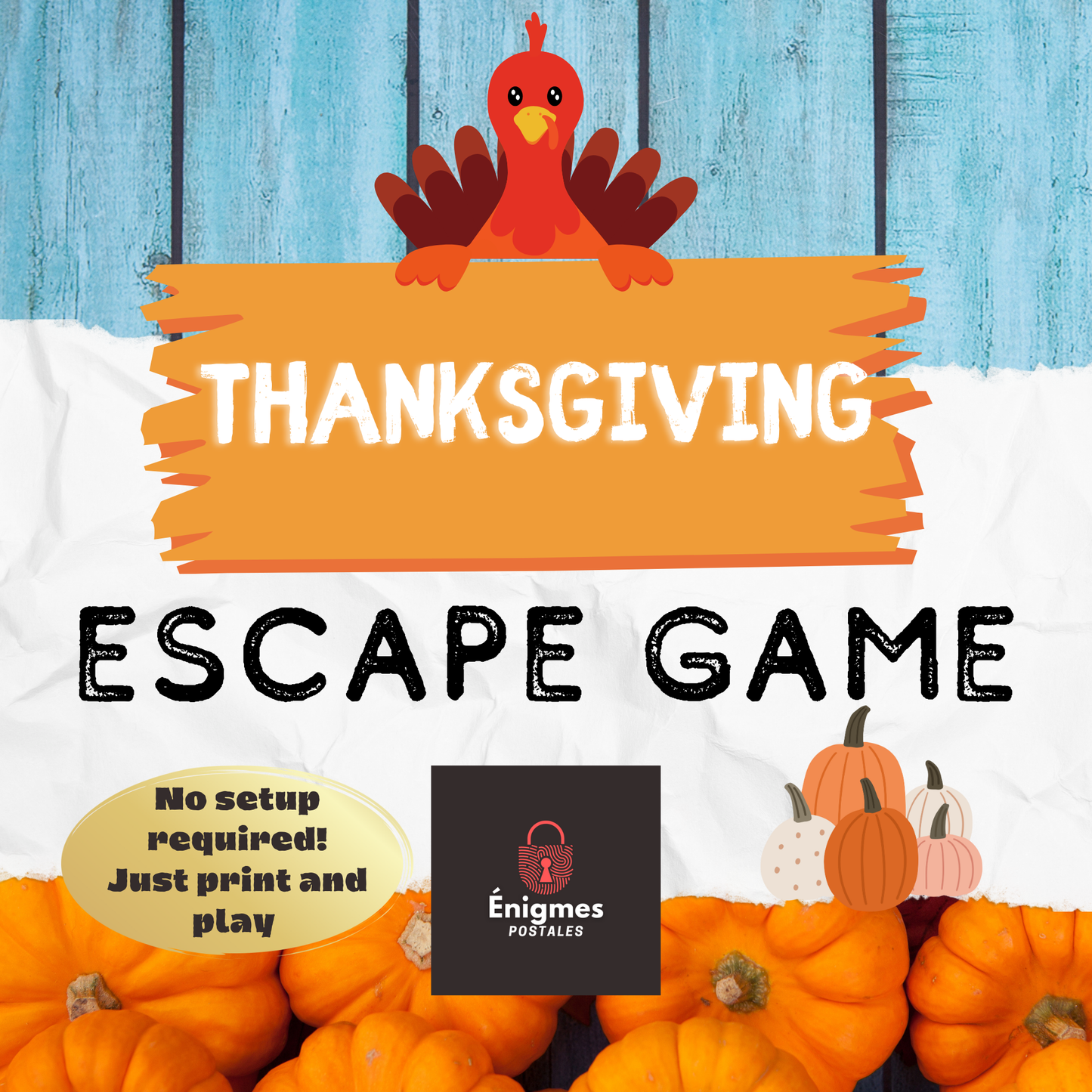 Thanksgiving escape game printable for families and kids with puzzles to solve together