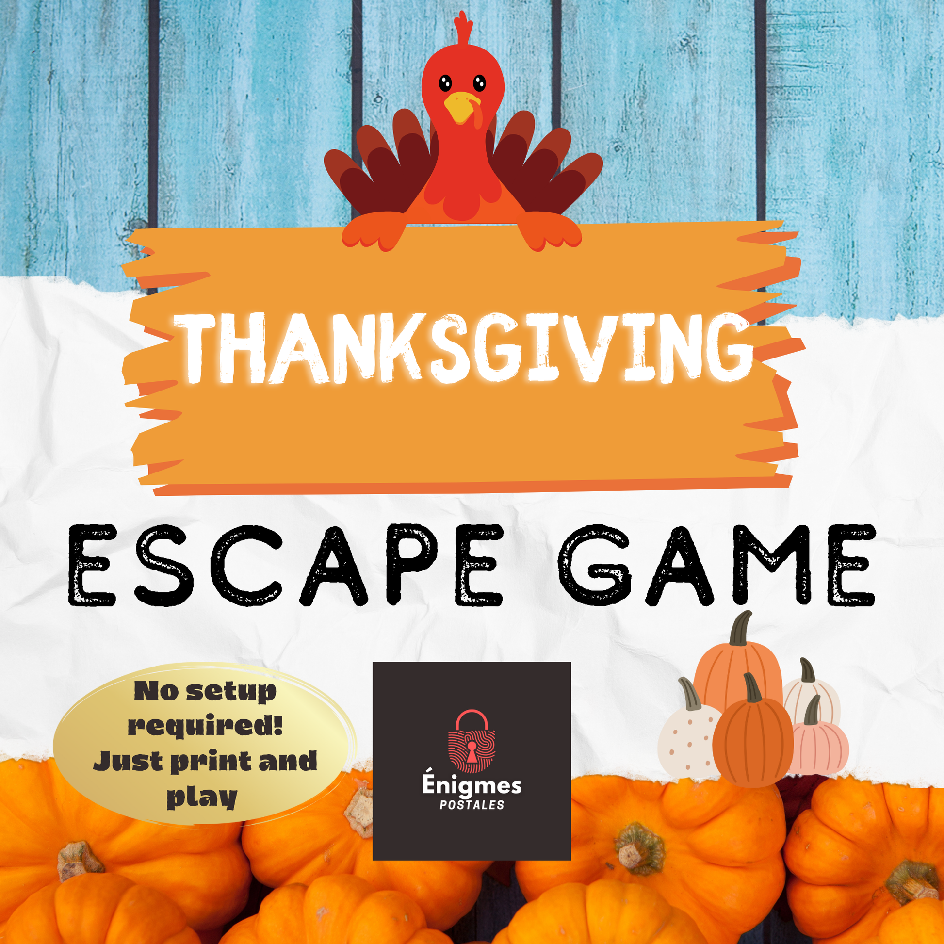 Thanksgiving escape game printable for families and kids with puzzles to solve together