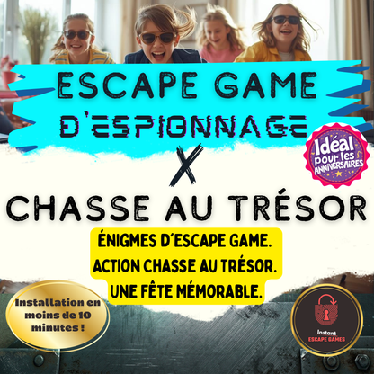 Quatre enfants souriants portant des lunettes de soleil. Le texte souligne que cette activité d'anniversaire mêlant escape game et chasse au trésor s'installe en moins de 10 minutes.
