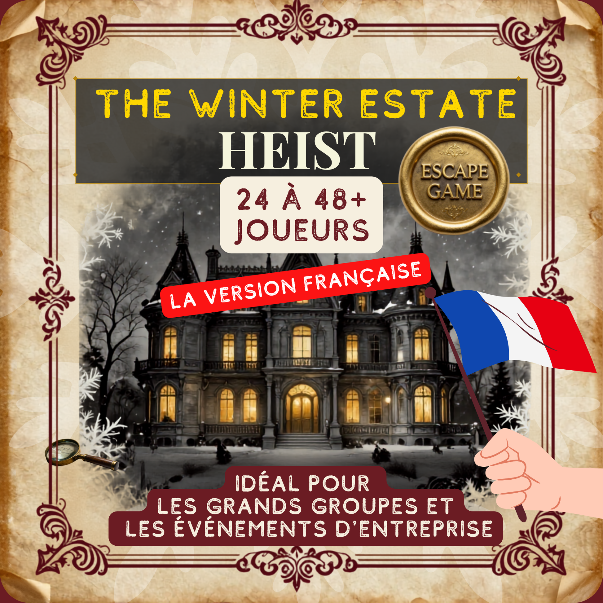 Animation fête de Noël entreprise à imprimer — The Winter Estate Heist Grand Groupe, escape game murder mystery 24 à 48+ joueurs