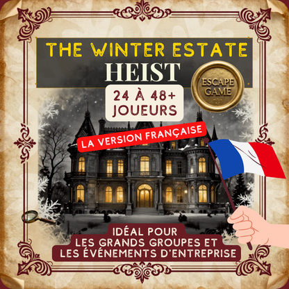 Animation fête de Noël entreprise à imprimer — The Winter Estate Heist Grand Groupe, escape game murder mystery 24 à 48+ joueurs