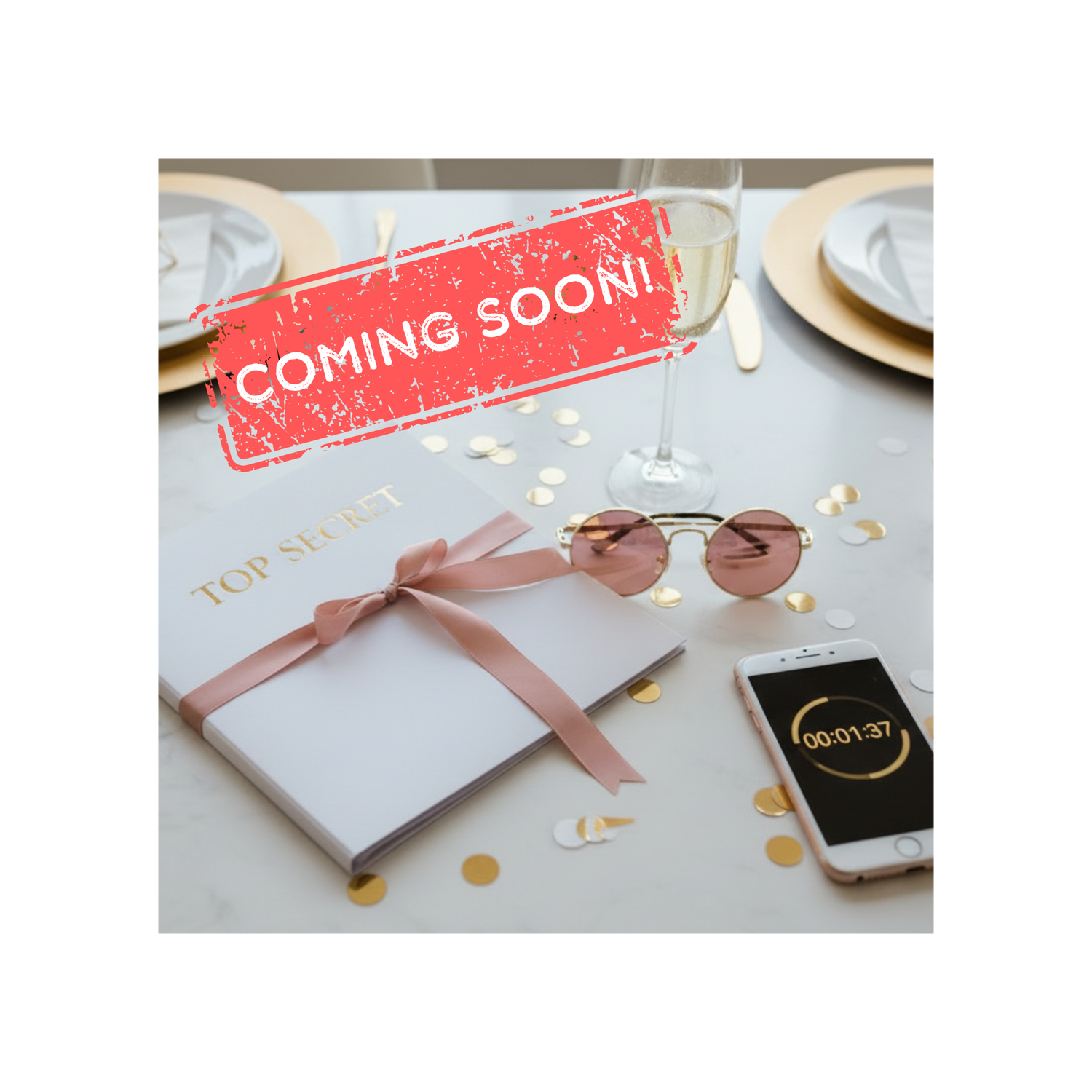 A stylish flat lay of bachelorette/hen party mission files, a "Top Secret" envelope, and festive accessories on a pink background, with text saying "Coming Soon!"