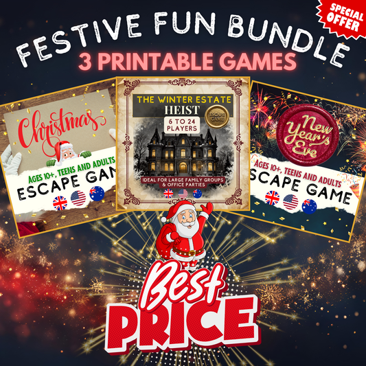 Christmas printable game bundle – family escape room, adult murder mystery & New Year game for groups | Instant Escape Games
