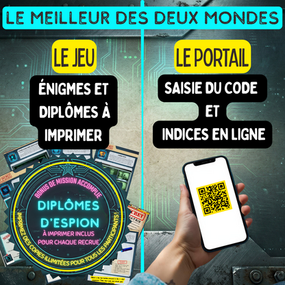 Comparaison montrant le meilleur des deux mondes : les énigmes physiques et diplômes à imprimer d'un côté, et le portail de saisie du code sur smartphone de l'autre.