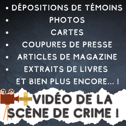 La liste du contenu immersif de cette enquête policière à la maison : dépositions de témoins, photos, cartes, coupures de presse, articles, extraits de livres et une véritable vidéo de la scène de crime.