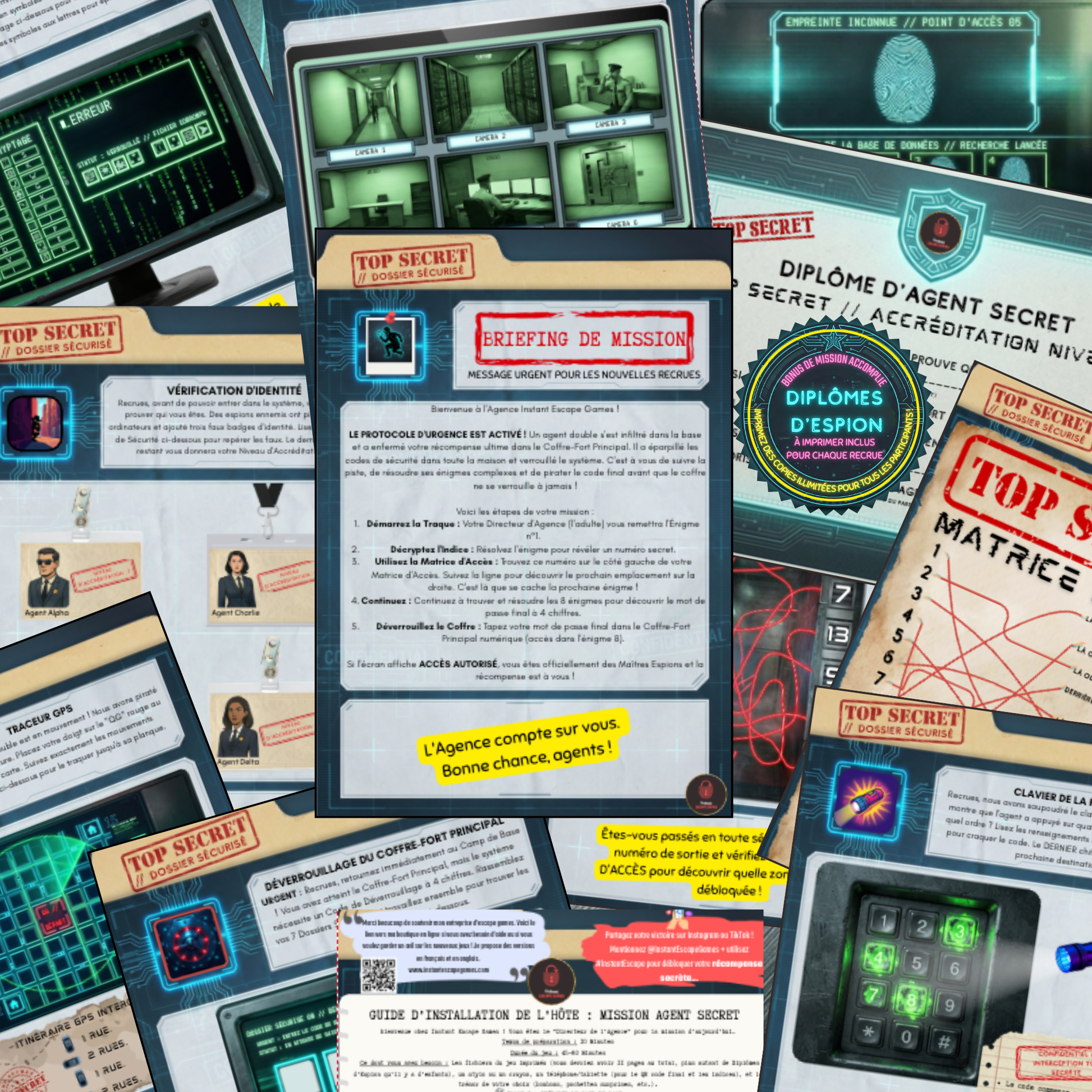  Aperçu des fichiers PDF à imprimer pour le jeu d'espionnage, incluant le briefing de mission, la matrice d'accès, les énigmes visuelles et les diplômes d'agent secret.