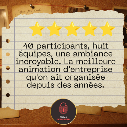 Avis cinq étoiles — The Winter Estate Heist Grand Groupe, animation fête de Noël entreprise à imprimer 24 à 48+ joueurs
