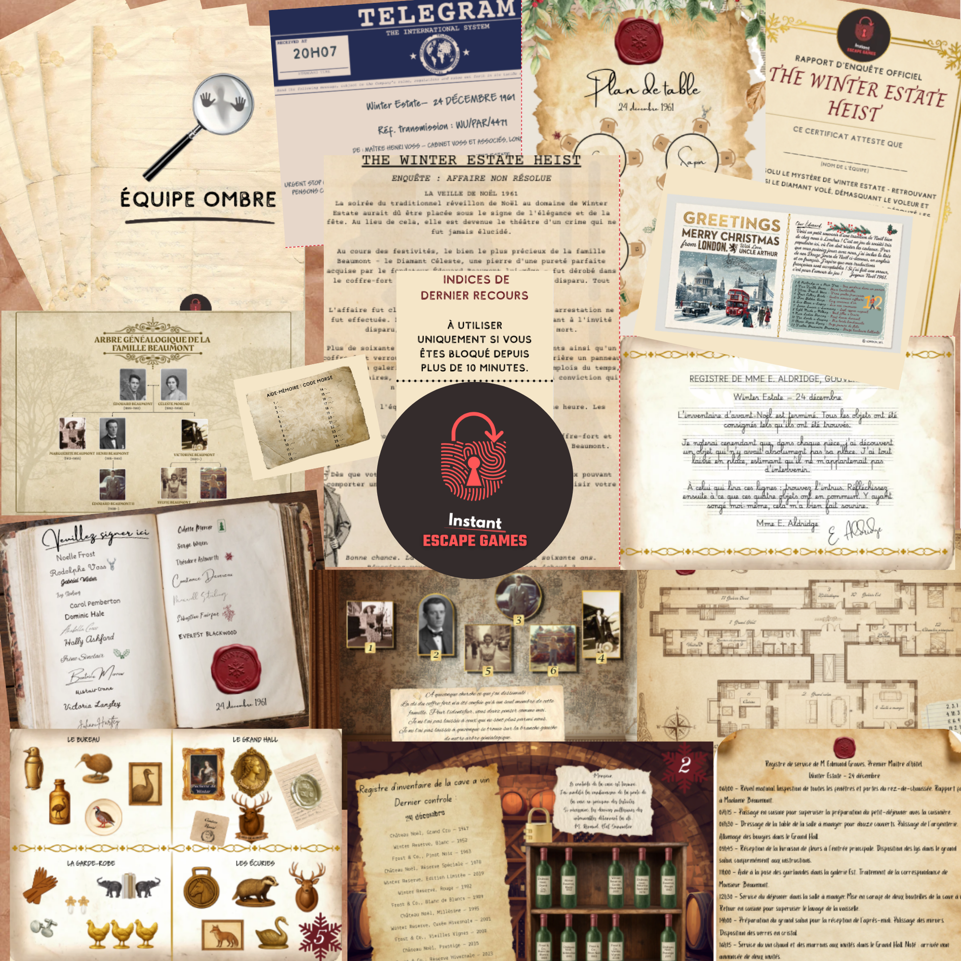 Escape game Noël à imprimer pour adultes - six énigmes et documents du jeu The Winter Estate Heist