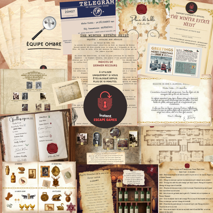 Escape game Noël à imprimer pour adultes - six énigmes et documents du jeu The Winter Estate Heist