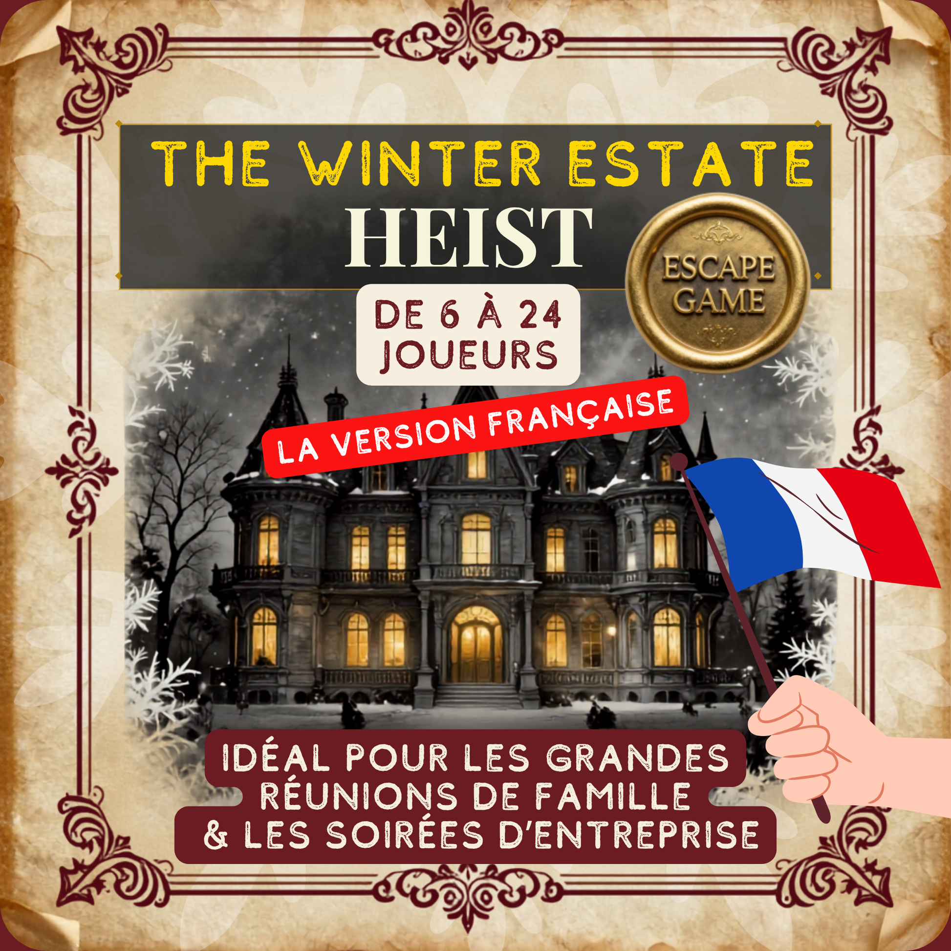 Escape game Noël à imprimer pour adultes - The Winter Estate Heist, jeu d'enquête murder mystery par Instant Escape Games