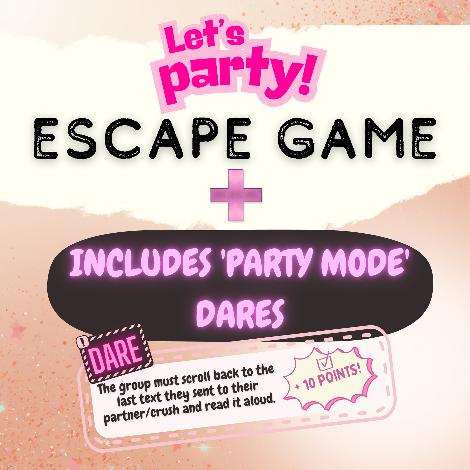 Funny dare cards and challenges included in Hen Party and Bachelorette escape room game for girls night in.