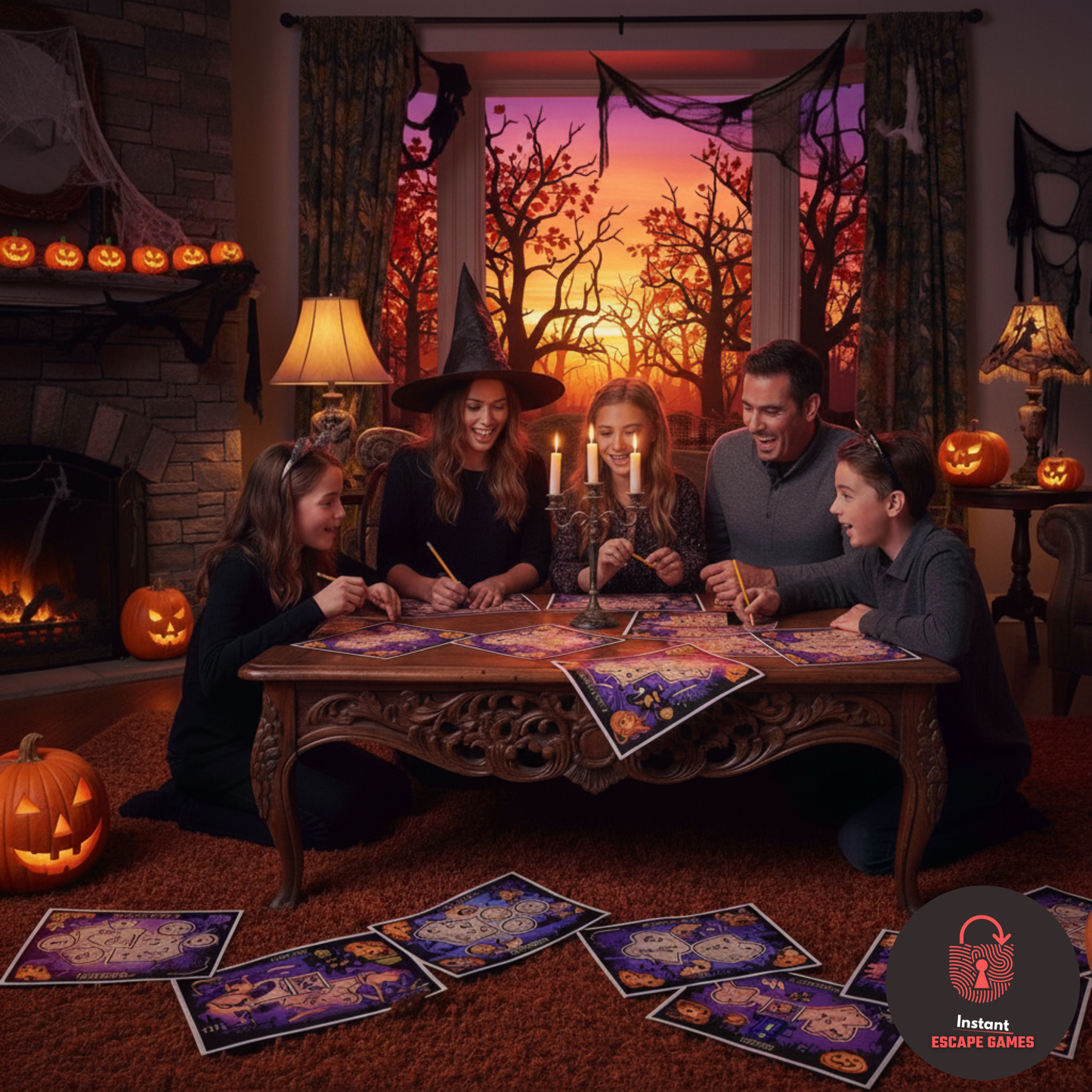 Family playing a printable halloween escape game in a spooky and fun atmosphere