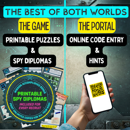 The best of both worlds: this hybrid spy game features physical printable paper puzzles and spy diplomas, combined with an interactive online portal for digital code entry and hints using a smartphone.