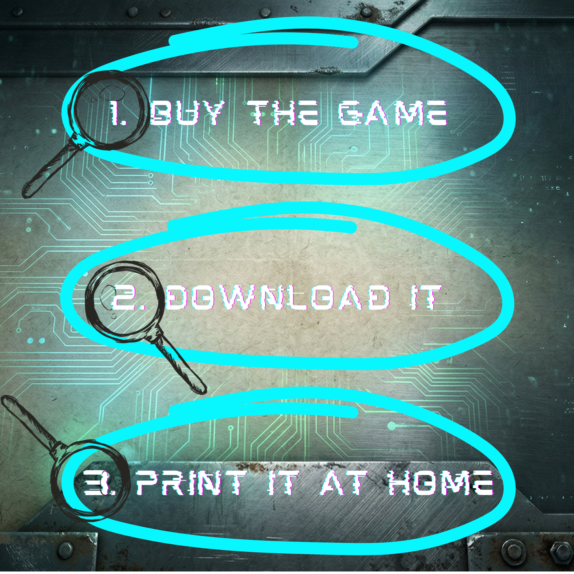 Three easy setup steps for the printable spy party game: buy the game, download it instantly, and print it at home for a zero-stress party event.