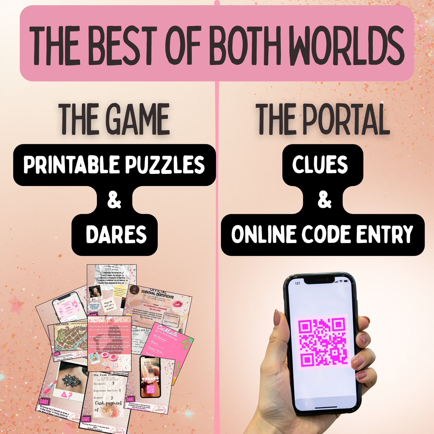 Modern party activity combining printable clues with interactive mobile phone hints and digital answers.