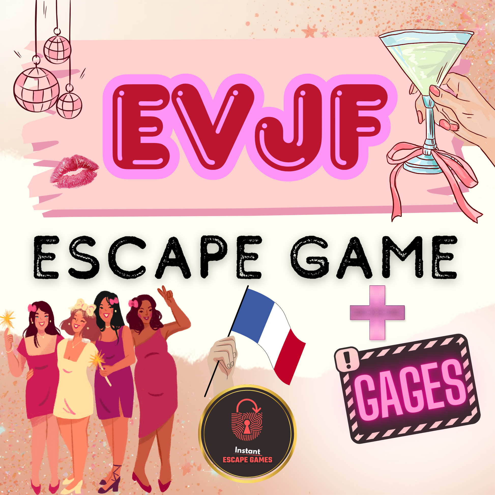 Affiche principale du jeu EVJF "Lendemain de Veille". Texte rose et noir "EVJF Escape Game" avec un drapeau français. Ambiance festive avec confettis et cocktails pour un enterrement de vie de jeune fille.
