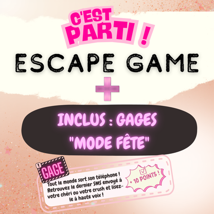 Présentation du mode "Gages" inclus. Titre "C'est Parti !". Carte de jeu rose montrant un défi amusant pour la future mariée. Texte : "Inclus Gages Mode Fête" pour pimenter la soirée.