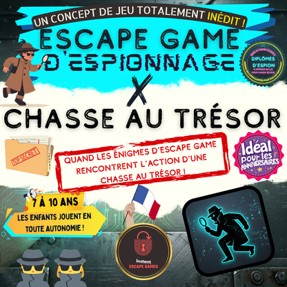 Image promotionnelle d'un kit d'escape game et chasse au trésor sur le thème des espions, idéal pour une animation d'anniversaire d'enfants de 7 à 10 ans jouant en totale autonomie.