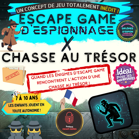 Image promotionnelle d'un kit d'escape game et chasse au trésor sur le thème des espions, idéal pour une animation d'anniversaire d'enfants de 7 à 10 ans jouant en totale autonomie.