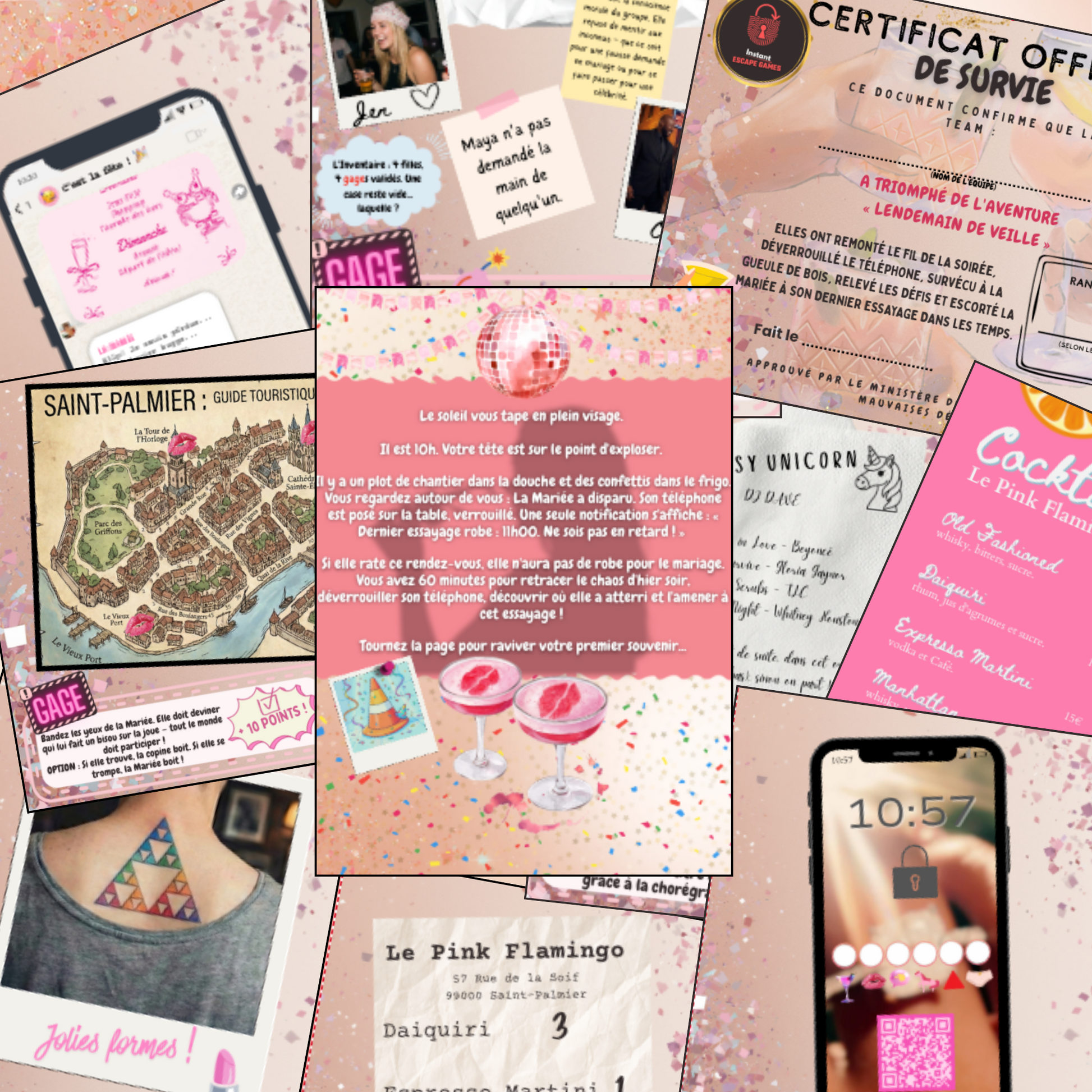 Aperçu du kit de jeu à imprimer. On voit la carte illustrée de la ville "Saint-Palmier", des indices de police, des reçus de bar et des énigmes logiques étalés sur une table. Style réaliste et immersif.