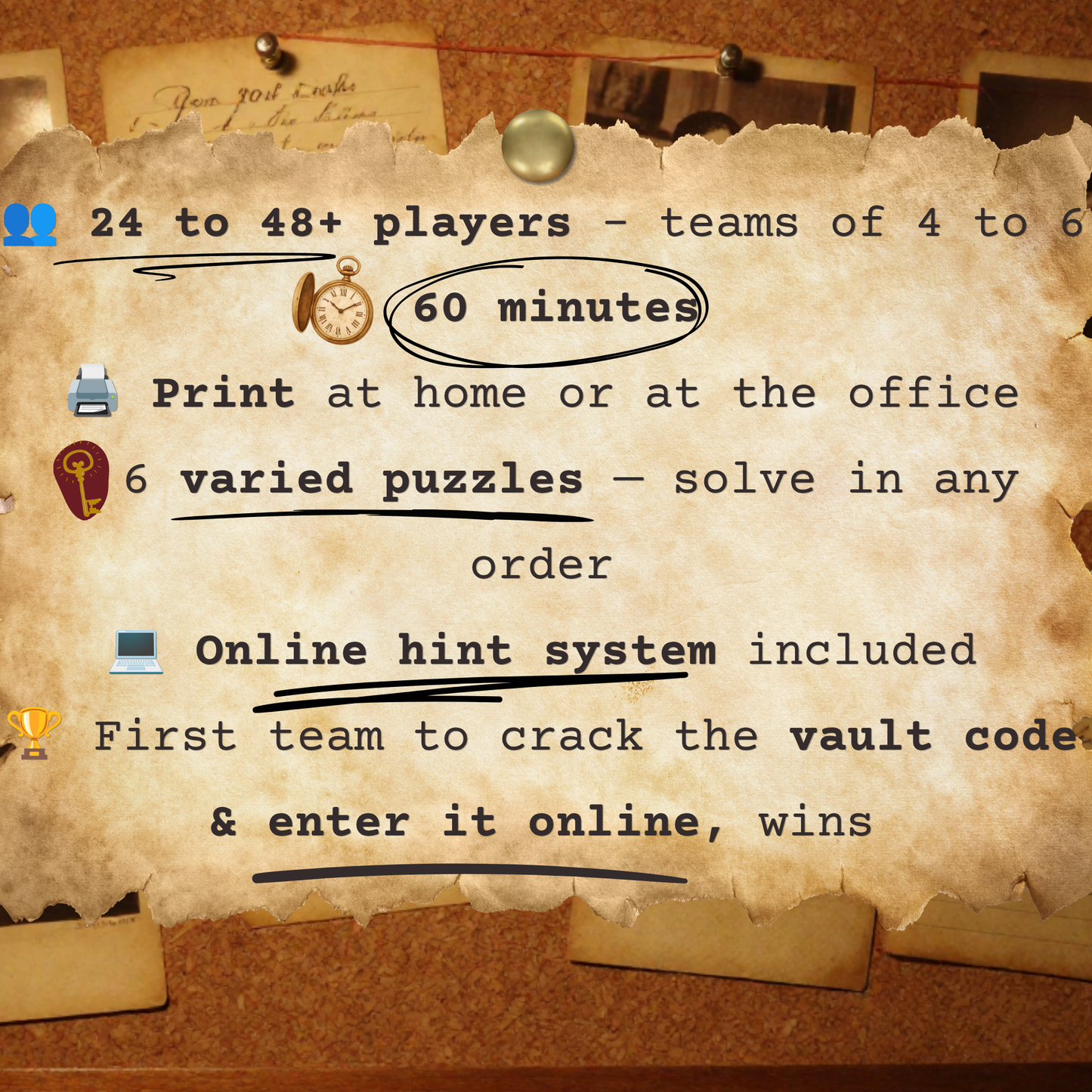 Large group team building game printable - 24 to 48+ players, 45 to 75 minutes, six puzzles, unlimited teams, no facilitator needed