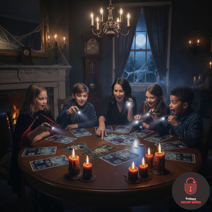 Famille rassemblée autour d'un escape game Maison Hantée à imprimer, entre mystère et frissons