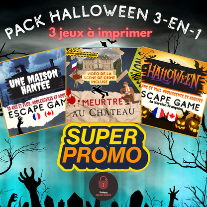 Pack Halloween 3 jeux à imprimer – 2 escape games enfants et 1 enquête policière adultes | Instant Escape Games