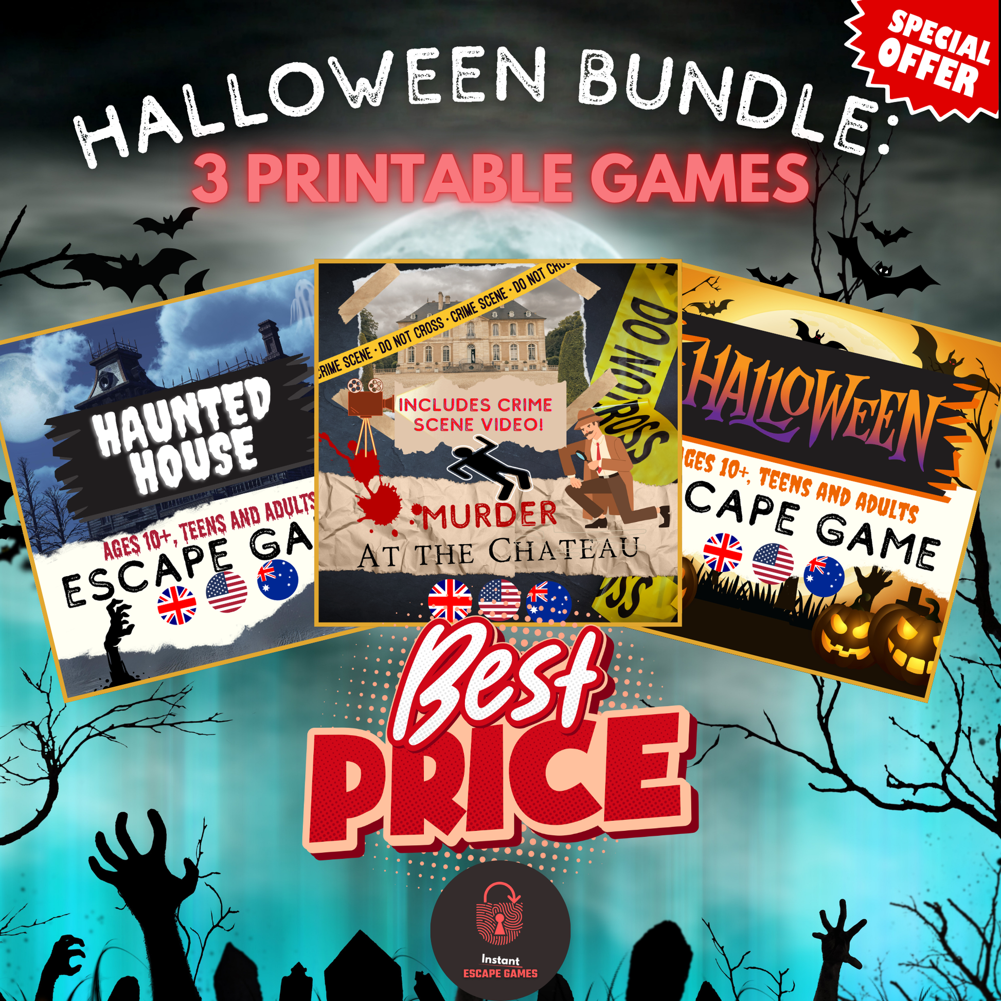 Pack Halloween 3 printable games – 2 escape games for kids/family & 1 adult murder mystery | Instant Escape Games