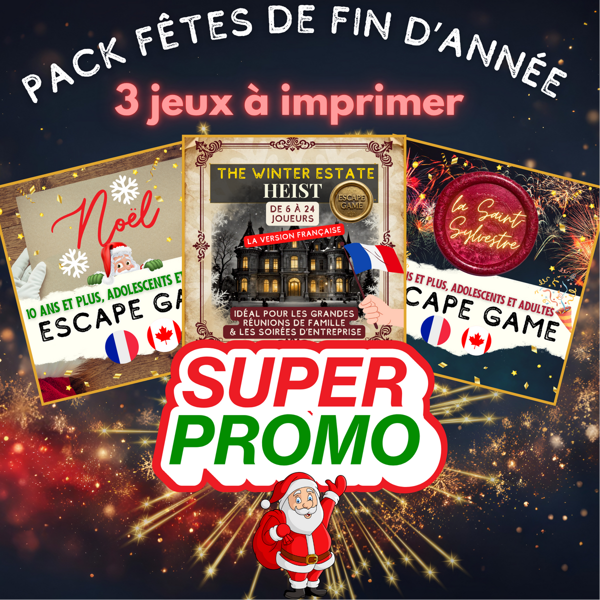 Pack 3 jeux de fêtes à imprimer — escape game Noël adulte, activité Noël famille et Mission Nouvel An — téléchargement immédiat