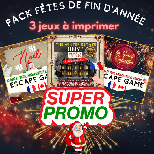 Pack 3 jeux de fêtes à imprimer — escape game Noël adulte, activité Noël famille et Mission Nouvel An — téléchargement immédiat