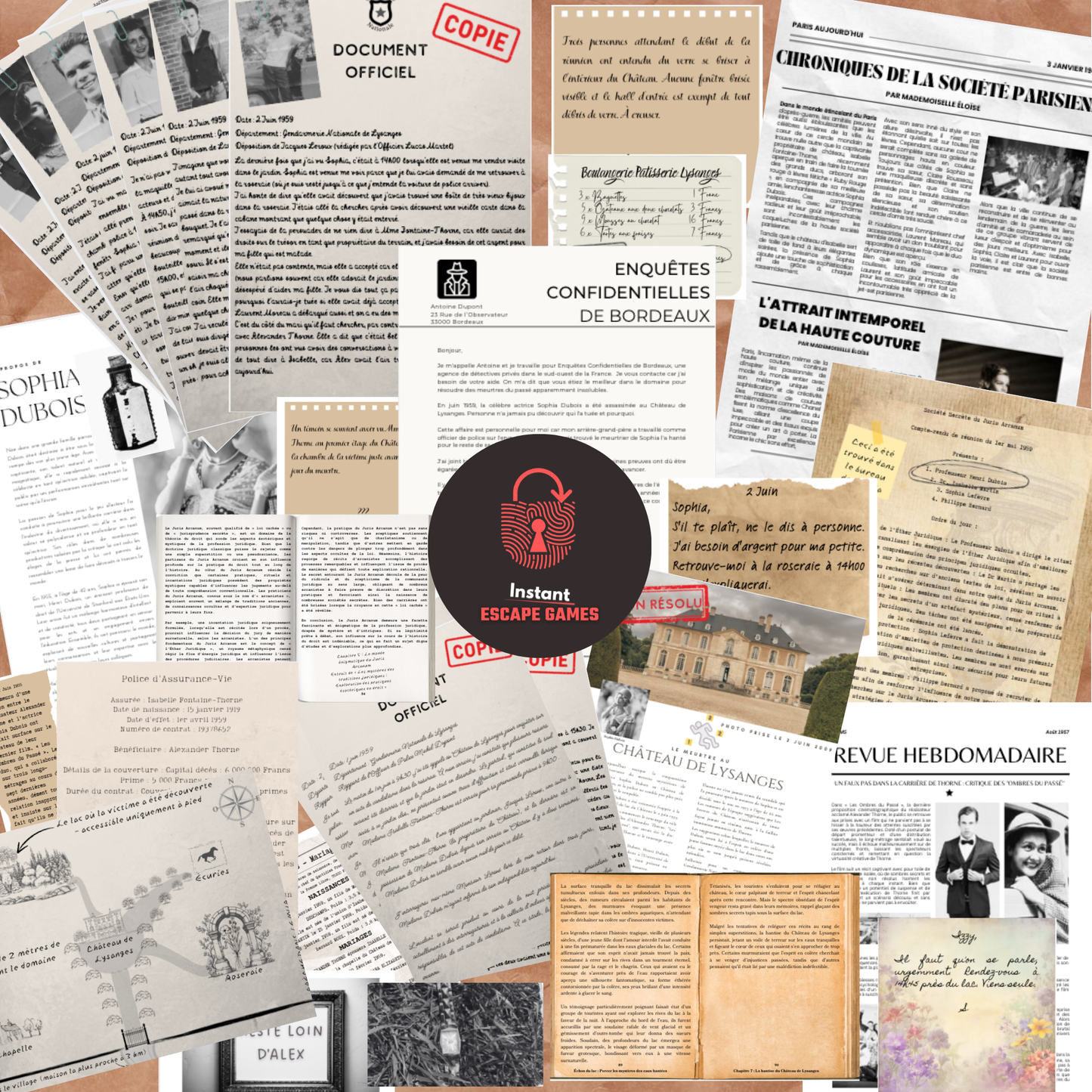 Un aperçu des nombreuses preuves vintage des années 1950 incluses dans ce meurtre et mystère à imprimer. On y voit des rapports de police réalistes, des photos de suspects et des articles de journaux étalés sur un bureau.