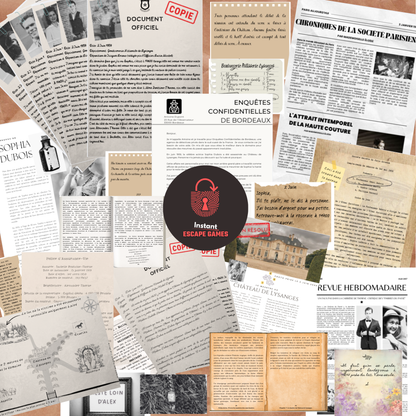 Un aperçu des nombreuses preuves vintage des années 1950 incluses dans ce meurtre et mystère à imprimer. On y voit des rapports de police réalistes, des photos de suspects et des articles de journaux étalés sur un bureau.