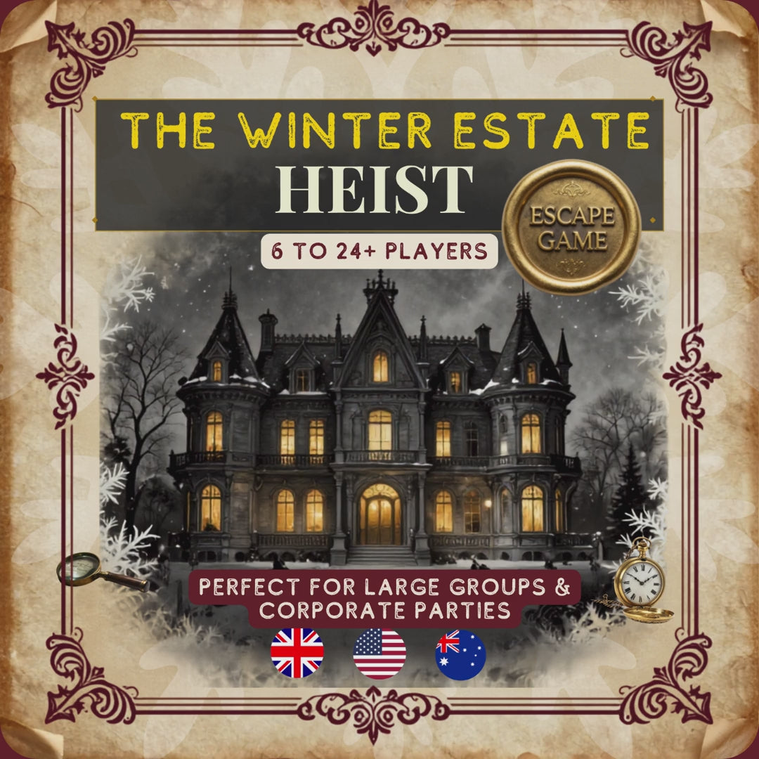 See how The Winter Estate Heist works — a printable murder mystery escape room for 6 to 24+ players. No setup required. Perfect for office Christmas parties and large group events.